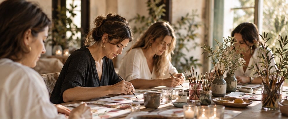 Mujeres creando juntas alrededor de una mesa